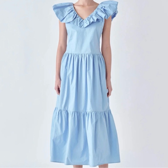 Dresses & Skirts - English Factory Midi Dress Womens S Blue V Neck Tiered Ruffle Quiet Luxury New